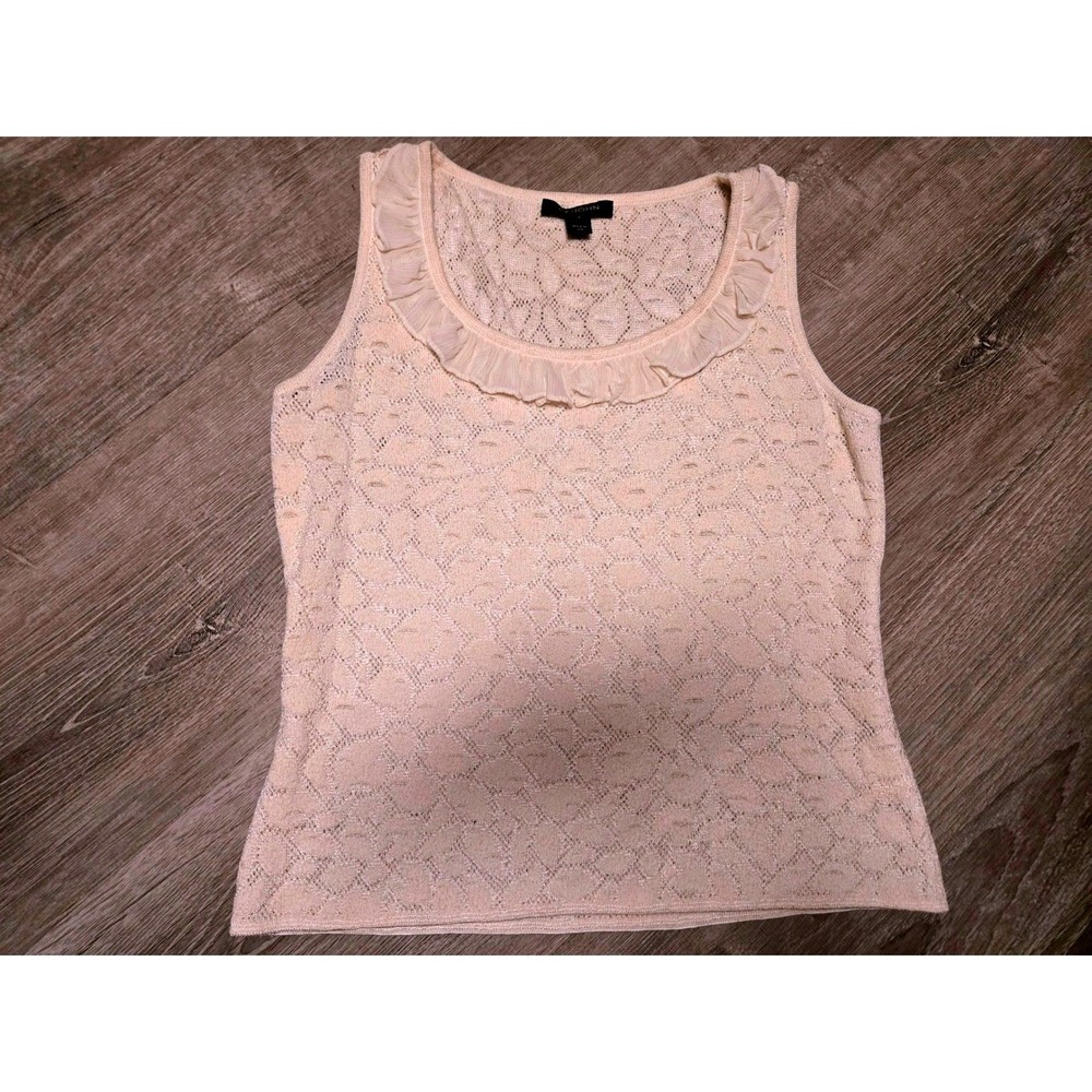 St John Knit Tank Top Cream Metallic Ruffle Neck Pointelle Sleeveless Shell P